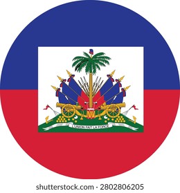 Haiti flag round button showcasing the national flag of Haiti with its central coat of arms.