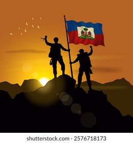 Haiti flag, silhouette of two climbers holding flags at sunset