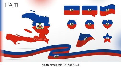 Haiti flags set. Various designs. Map and capital city. World flags. Vector set. Circle icon. Template for independence day. Collection of national symbols. Ribbon with colors of flag. North America