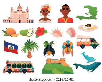 Haiti flat set with haitian nature landmarks people isolated on white background vector illustration