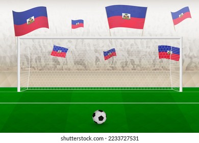 Haiti football team fans with flags of Haiti cheering on stadium, penalty kick concept in a soccer match. Sports vector illustration.