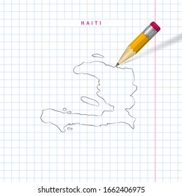 Haiti freehand pencil sketch outline map on checkered school notebook background. Realistic 3D pencil with soft shadow.