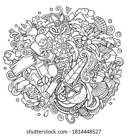 Haiti hand drawn cartoon doodle illustrations. Funny travel design. Creative art vector background. Exotic islands elements and objects. Sketchy composition