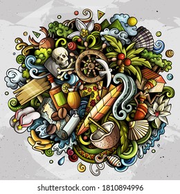 Haiti hand drawn cartoon doodles illustration. Funny travel design. Creative art vector background. Exotic islands elements and objects. Colorful composition