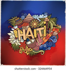 Haiti hand lettering and doodles elements and symbols emblem. Vector blurred flag background