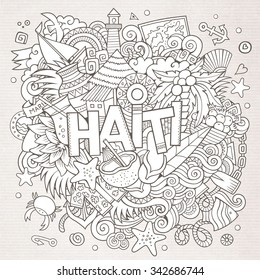 Haiti hand lettering and doodles elements and symbols background. Vector hand drawn sketchy illustration
