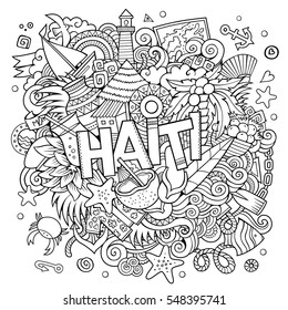 Haiti hand lettering and doodles elements and symbols background. Vector hand drawn sketchy illustration