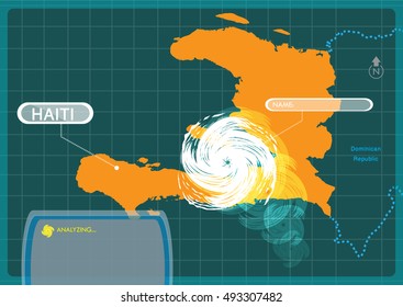 Haiti with a Hurricane making a landfall at capital Port-au-prince . Editable Clip Art. 