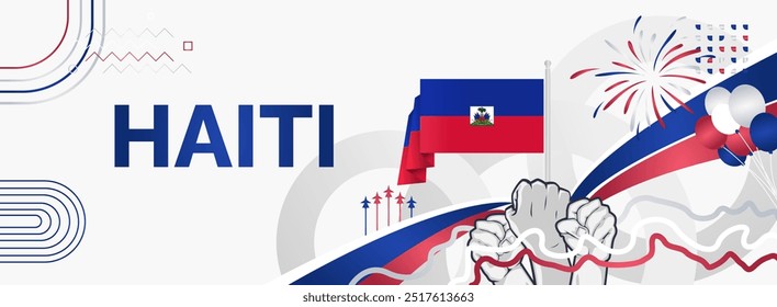 Haiti Independence Day background with raised fist and abstract shapes in flag colors, blue and maroon. Modern design for Haiti national holiday greeting cards, horizontal posters and sporting events