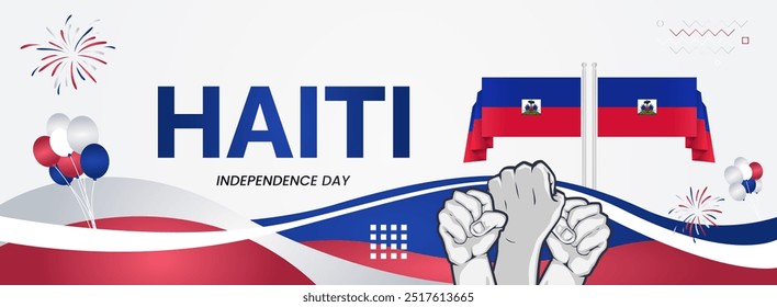 Haiti Independence Day background with raised fist and abstract shapes in flag colors, blue and maroon. Modern design for Haiti national holiday greeting cards, horizontal posters and sporting events