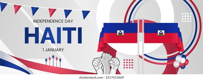 Haiti Independence Day background with raised fist and abstract shapes in flag colors, blue and maroon. Modern design for Haiti national holiday greeting cards, horizontal posters and sporting events
