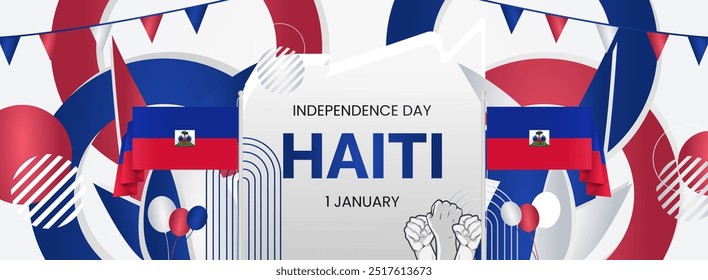 Haiti Independence Day background with raised fist and abstract shapes in flag colors, blue and maroon. Modern design for Haiti national holiday greeting cards, horizontal posters and sporting events
