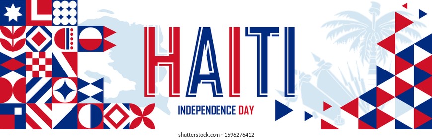 Haiti independence day banner design. Abstract geometric banner for the happy independence day of haiti in shapes of red  blue colors. Haiti flag theme with landmark map background. 