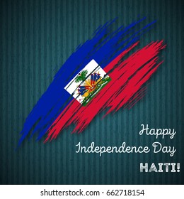 Haiti Independence Day Patriotic Design. Expressive Brush Stroke in National Flag Colors on dark striped background. Happy Independence Day Haiti Vector Greeting Card.