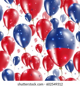 Haiti Independence Day Seamless Pattern. Flying Rubber Balloons in Colors of the Haitian Flag. Happy Haiti Day Patriotic Card with Balloons, Stars and Sparkles.