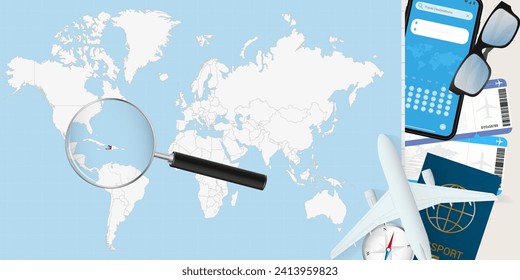 Haiti is magnified over a World Map, illustration with airplane, passport, boarding pass, compass and eyeglasses. Vector illustration.