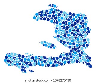 Haiti Map collage of spheric dots in different sizes and blue color tints. Randomized filled circles are united into Haiti Map collage. Vector geographic blue map vector illustration.