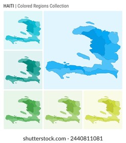 Haiti map collection. Country shape with colored regions. Light Blue, Cyan, Teal, Green, Light Green, Lime color palettes. Border of Haiti with provinces for your infographic. Vector illustration.