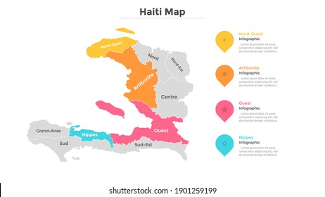 Haiti map divided into federal states. Territory of country with regional borders. Haitian administrative division. Infographic design template. Vector illustration for touristic guide, banner.