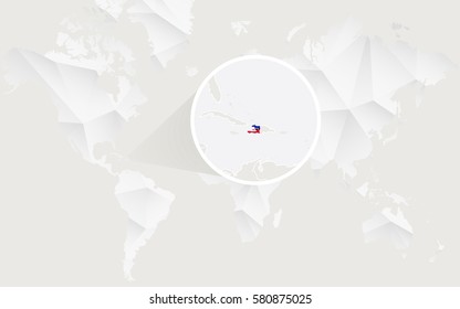 Haiti map with flag in contour on white polygonal World Map. Vector Illustration.