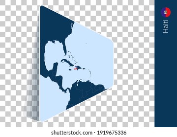 Haiti map and flag on transparent background. Highlighted Haiti on blue vector map.