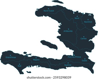 Haiti map high detailed with administrative divide by state, capital cities names, outline simplicity style. Vector illustration EPS10.