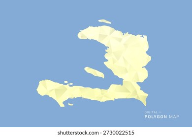 Mapa de Haití en estilo de Vector de polígono bajo, ilustración de forma geométrica con tonos amarillos suaves sobre fondo azul, silueta limpia para infografía.