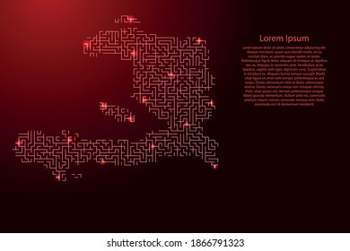 Haiti map from red pattern of the maze grid and glowing space stars grid. Vector illustration.