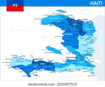 Haiti Map Vector Blue Spot - Customizable layered political map of Haiti with administrative divisions for website, education, reports, news, politics, print, poster and wallpaper