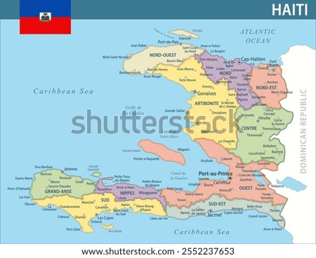 Haiti Map Vector New 2024 Colorful - Customizable layered political map of Haiti with administrative divisions for website, education, reports, news, politics, print, poster and wallpaper