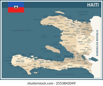 Haiti Map Vector Vintage Dark Blue Beige - Customizable layered political map of Haiti with administrative divisions for website, education, reports, news, politics, print, poster and wallpaper