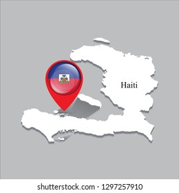 Haiti map with white shadow and country name on the map. Check-in point with a national flag on a gray background.