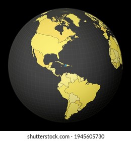 Haiti on dark globe with yellow world map. Country highlighted with blue color. Satellite world projection centered to Haiti. Astonishing vector illustration.