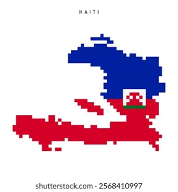 Haiti pixel flag map icon. 8 bit pixel art Haitian map covered with flag. Flat vector illustration isolated on white background.