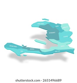 Mapa político do Haiti das divisões administrativas - departamentos. Mapa de vetor turquesa 3D com rótulos de nome.