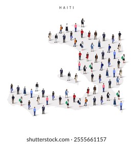 Haiti population map. Large group of realistic a diverse crowd of people figures in a shape of Haitian map. Flat vector illustration isolated on white.