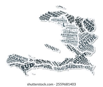 Haiti shape text cloud. Country border with shadow on white background. Haiti with regions division in vintage gazette style. Beautiful vector illustration.