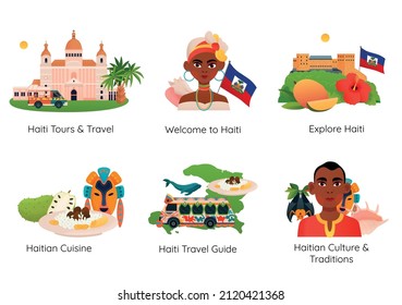Haiti travel guide culture and traditions flat compositions set with landmark cuisine people isolated vector illustration
