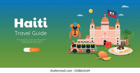 Haiti travel guide flat horizontal web banner with historic building cuisine flag bus mask vector illustration