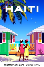 Haiti travel poster. Beautiful landscape with children, bungalows, beach, palms and sea in the background. Handmade drawing vector illustration.