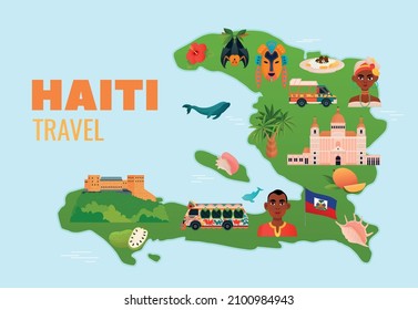 Haiti travel poster with flat haitian culture symbols on map vector illustration