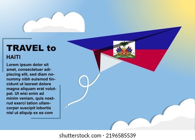 Haiti travel vector banner with paper flag and text space, Haiti country flag on paper plane, holiday and vacation concept, summer travel template and pattern, flight ticket idea