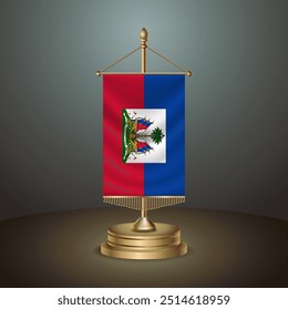 Haiti Vertical table flag with golden pole on dark gradient background, Template banner vector Illustration