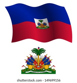 haiti wavy flag and coat of arms against white background, vector art illustration, image contains transparency