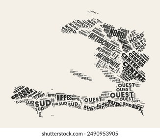 In: Haiti Word Cloud. Country mit Regionen Division. Haiti typografische Text Wolken Vektorgrafik Bild Design. Klassische Gazette Stil Land Form Bild. Trending Vektorillustration.