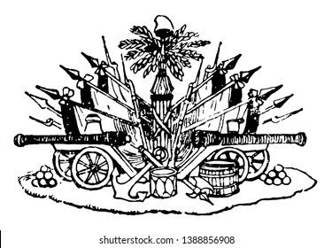 Haitian Coat of Arms have flags and cannons coat, vintage line drawing or engraving illustration.