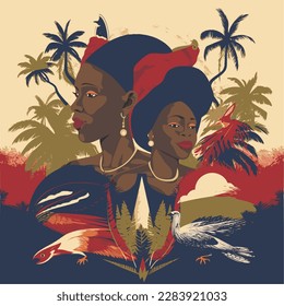 Haitianischer Kulturerbe-Monat. Vektorbanner, Poster für soziale Netzwerke und Medien. Konzept mit Frau am Strand von haiti Hintergrund. Viereckige Komposition.