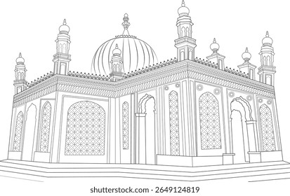 Haji Ali Dargah architectural line drawing. Famous Mumbai mosque outline for coloring, education, or design projects, showcasing Indian Islamic heritage.