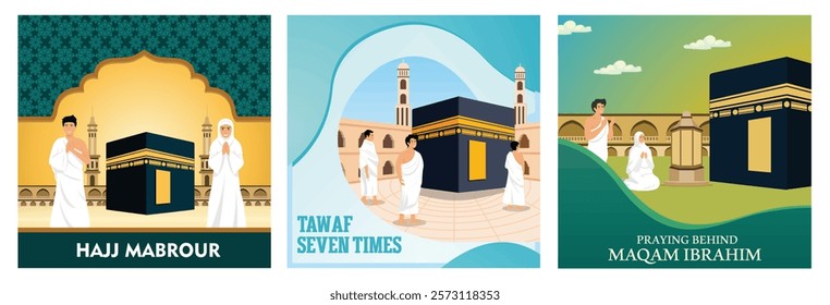 Hajj Celebration. Muslims perform the Tawaf Ritual around the Kaaba in Mecca. Muslims Praying Near Kaaba at Maqam Ibrahim.  Set flat vector modern illustration 