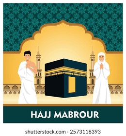 A Hajj celebration showing Muslim pilgrims in traditional attire, worshiping in front of the Kaaba in Mecca. Islamic concepts of pilgrimage and devotion are depicted in the graphic. 